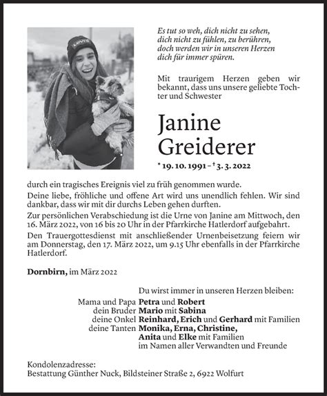 Todesanzeigen Von Janine Greiderer Todesanzeigen Vorarlberger Nachrichten