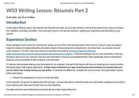 W03 Writing Lesson Résumés Part 2 Professional Skills W03 Wring