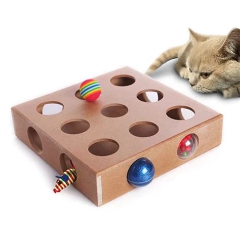 Funny Interactive Pet Cat Toy Puzzle Box Wooden Peek Play Hide And Seek