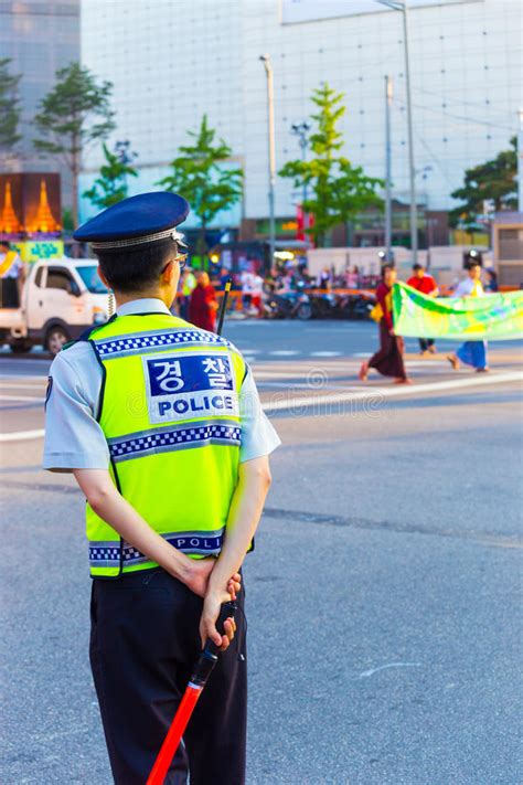 Korean Policeman Police Rear Directing Traffic Editorial Photography