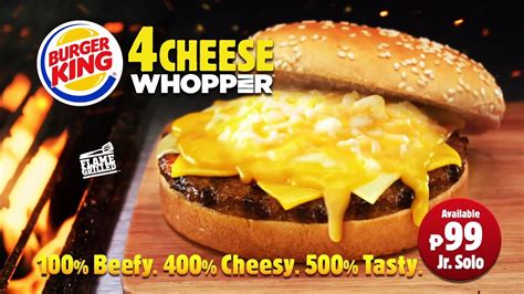 They have a number of chicken burger meals on their menu as well. Burger King 4-Cheese Whopper: 100% Beefy. 400% Cheesy. 500 ...