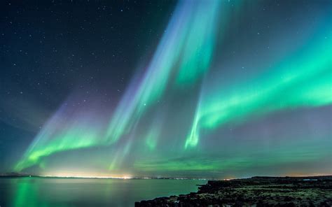 Wallpaper Northern Lights Beautiful Night Sky Stars Sea Iceland