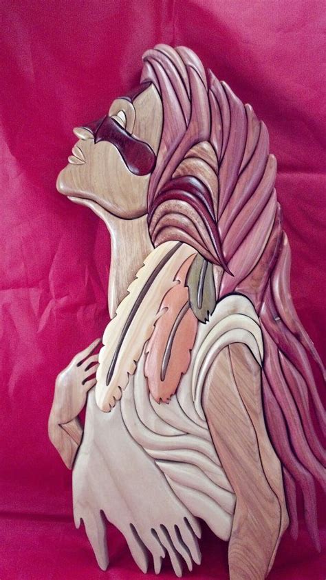 Indian Maiden Wooden Intarsia Using Only Natural Wood Colors And