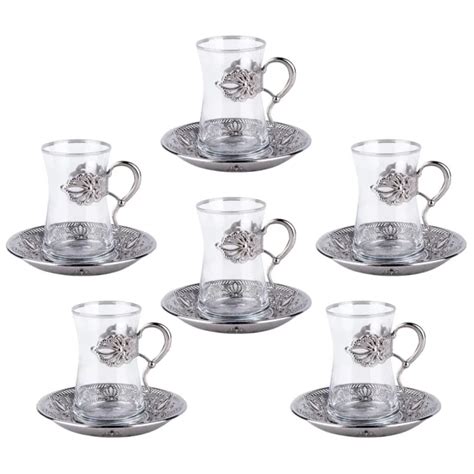 Lux Turkish Glass Tea Set Glasses Saucers Silver Special Glass