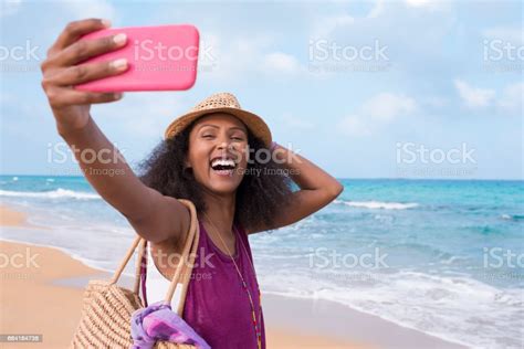 Happy Free Woman With Positive Emotion Taking Selfie On Tropical Beach