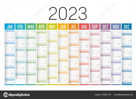 Ano 2023 Calendário Colorido Fundo Branco Modelo Vetor Stock Vector By