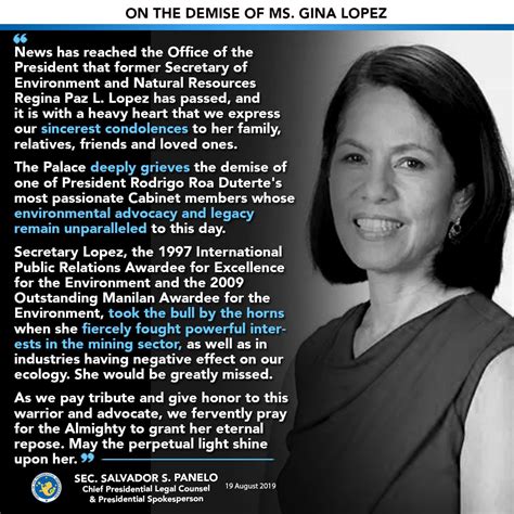 Messages Of Condolences For Passing Of Gina Lopez Pour On Social Media