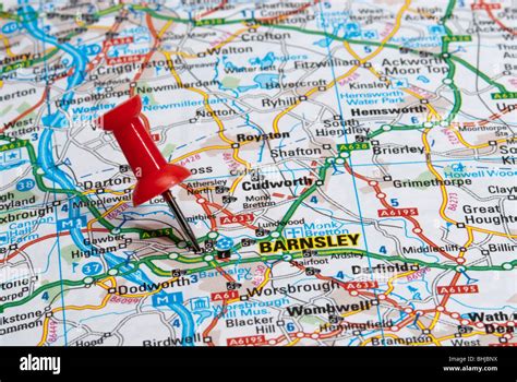 Red Map Pin In Road Map Pointing To City Of Barnsley Stock Photo