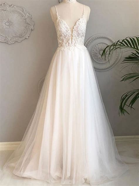 a line princess tulle applique v neck sleeveless sweep brush train wedding dresses hebeos