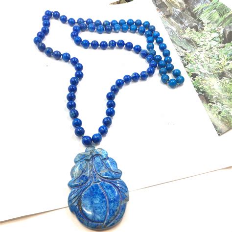 Vtg Carved Genuine Lapis Lazuli Pendant Beaded Stone Necklace Etsy UK