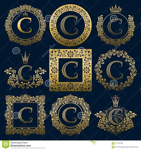 Vintage Monograms Set Of C Letter Golden Heraldic Logos In Wreaths