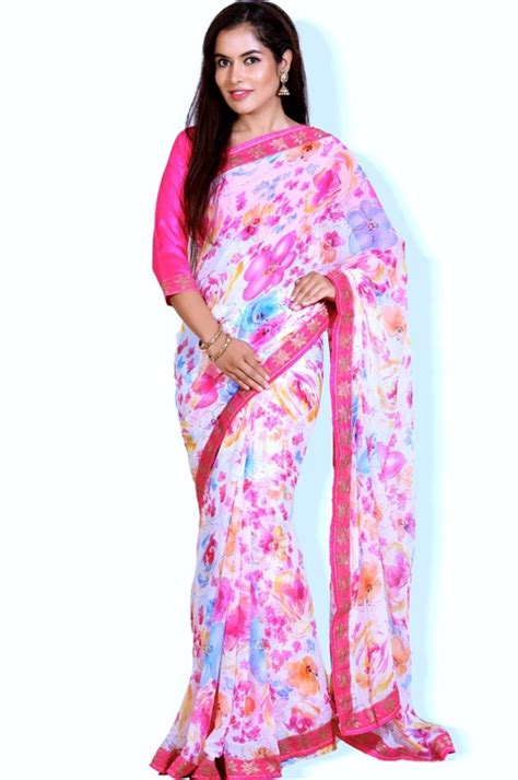 Buy White Flower Print Lace Work Chiffon Designer Full Saree With