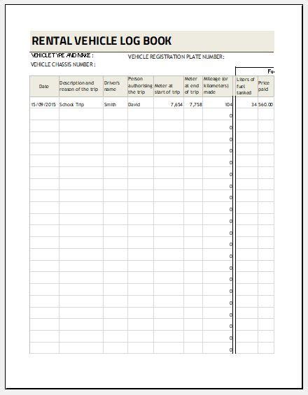 Rental Vehicle Log Book For Excel Word And Excel Templates