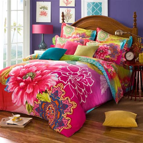 twin full queen size 100 cotton bohemian boho style colourful pink green bedding sets duvet