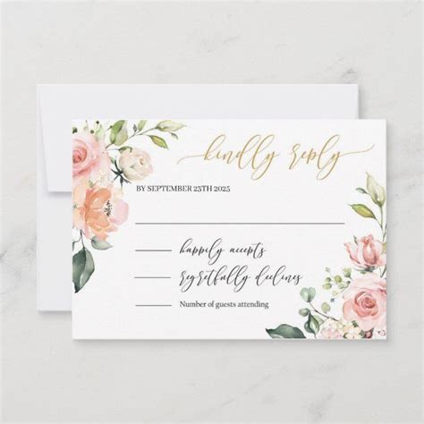 Romantic Blush Pink Floral Gold Script Font Boho Rsvp Card