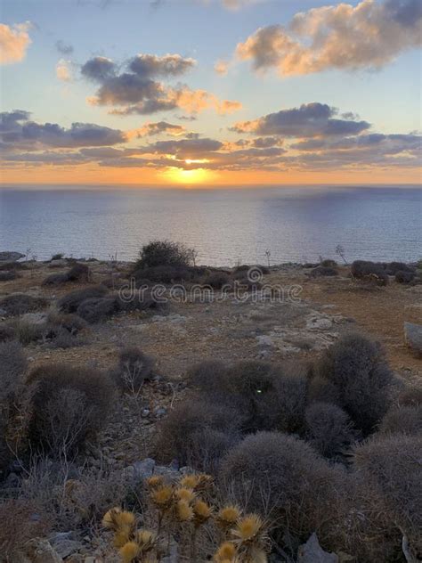 Sunset Over The Mediterranean Sea With Bushy Landscape On The