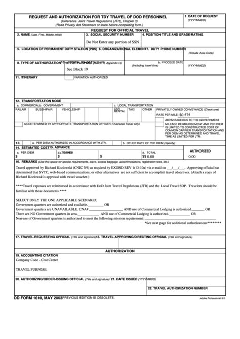 Dd Form 1610 Request And Authorization For Tdy Travel Of Dod