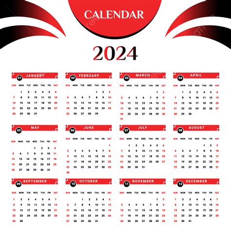 Calendário 2024 Com Preto E Vermelho Vetor Png Calendário Calendário