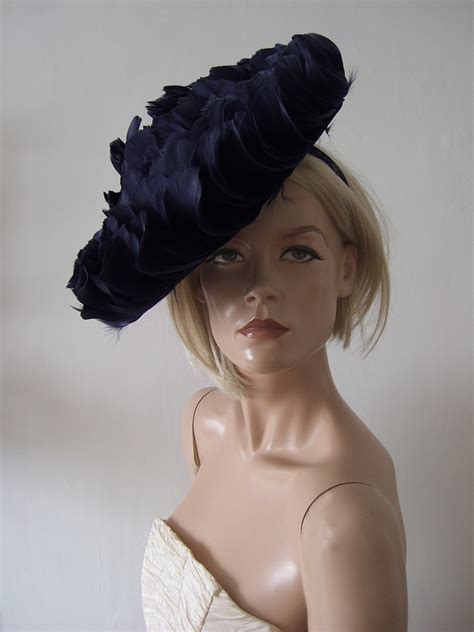 Hat 154 Navy Blue Feathered Saucer Disc Headpiece Hat Royal Ascot