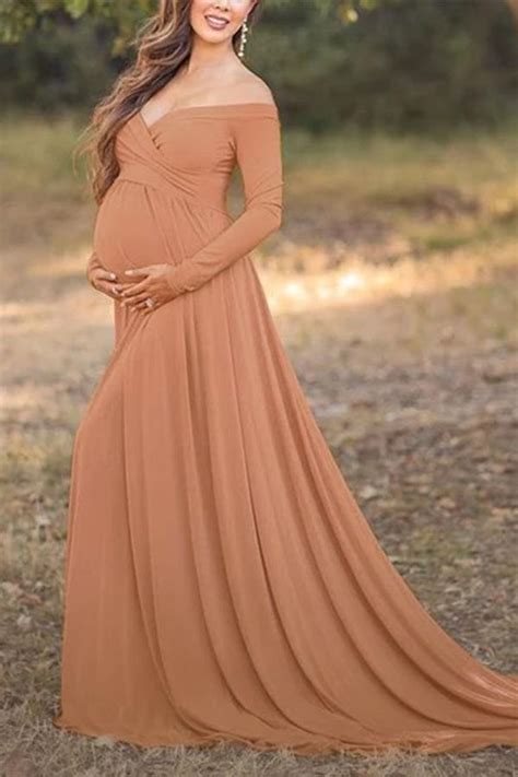 the maternity off the shoulder floor length gorgeous dress with long sleeve is a good choice of