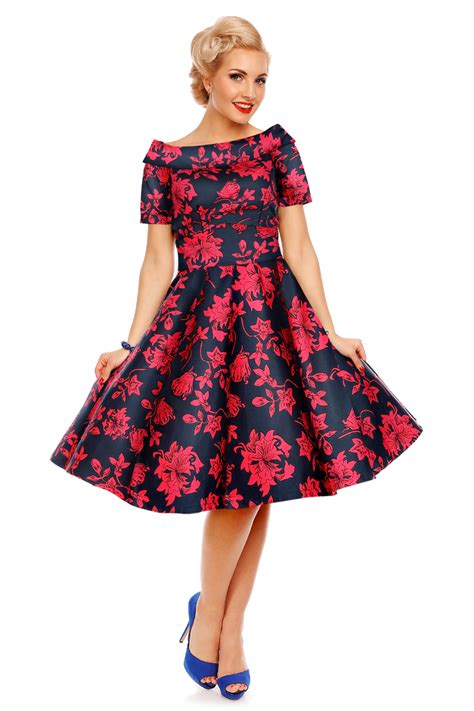 Darlene Floral Roses Swing Dress In Blue Red Navy Lace Dress Pleated Dress Dress Skirt Floral