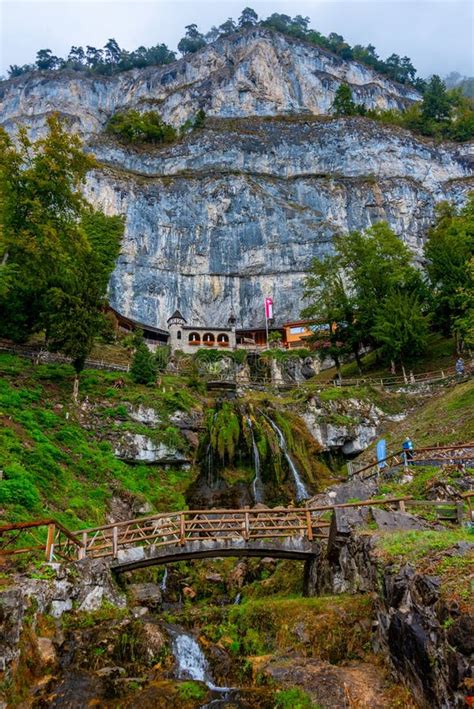 Waterfall Flowing From St Beatus Caves In Switzerland Stock Image