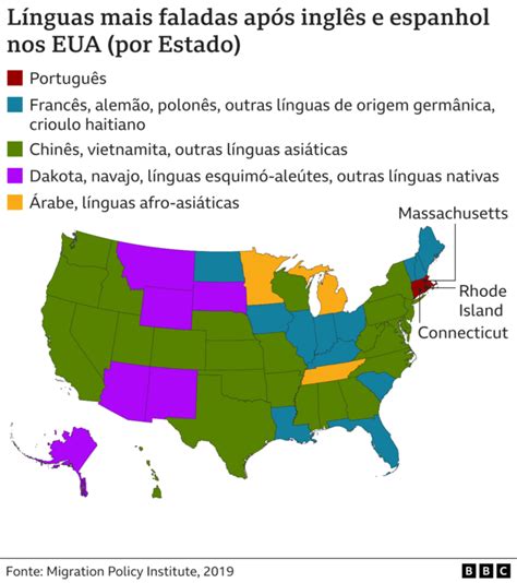 mapa mostra 3 estados dos eua onde português é língua mais falada após inglês e espanhol bbc