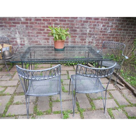 Vintage Salterini Wrought Iron Patio Table W 4 Ribbon Pattern Chairs