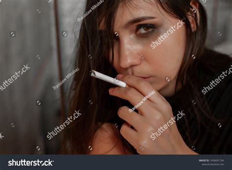 Beautiful Girl Smokes Cigarette Dark Building Stock Photo 1436691764