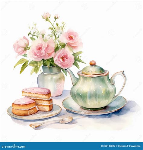 Watercolor Painting Of Teapot And Cake Tea Party Still Life