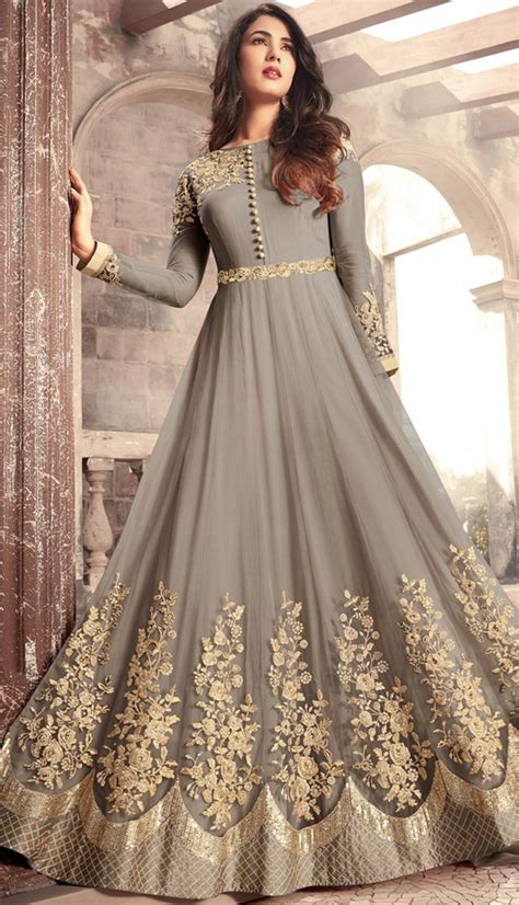 Gray Designer Embroidered Net Party Wear Anarkali Suit Indian Dresses