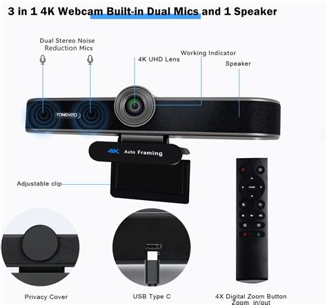 Buy Tongveo Zoomable 4k Webcam With Microphones And Speaker 4x Digital