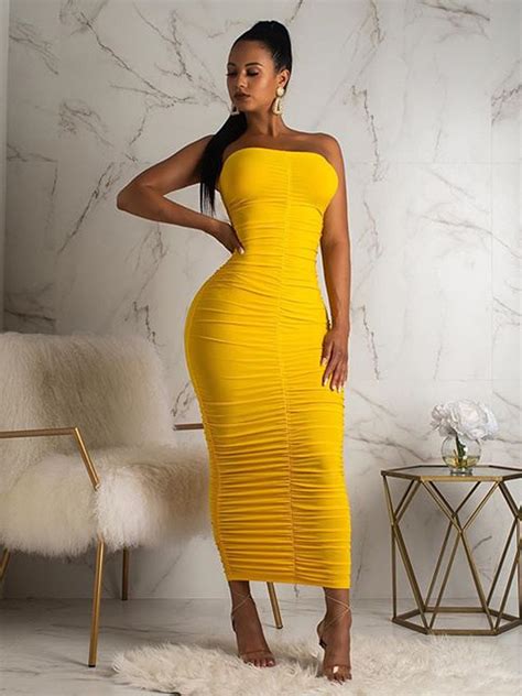 Wholesale Pure Color Strapless Ruched Bodycon Maxi Dress Yco033131 Wholesale7