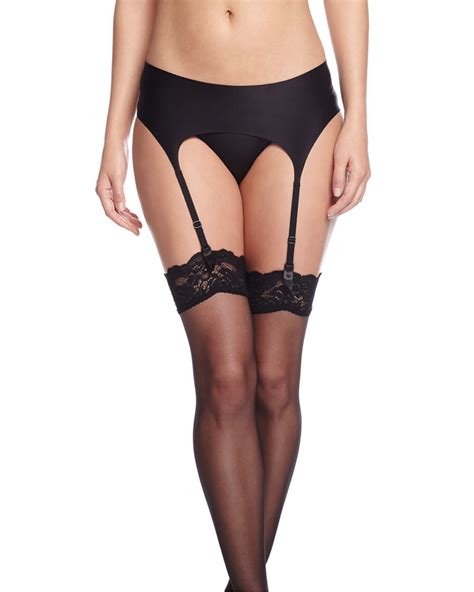 Lyst Wolford Satin Garter Belt Filigra Lace Trim Thigh High Stockings In Black