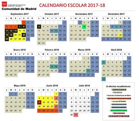 Calendario Escolar 2017 Y 2018 Madrid