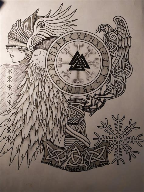 Invoking the power of valknut 45 tattoo designs for men. Valkyrie Mjolnir Munin Valknut Vegvisir rune viking # ...