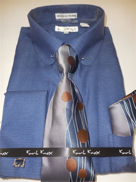Mens Navy Blue Round Club Collar Bar French Cuff Dress Shirt Karl Knox