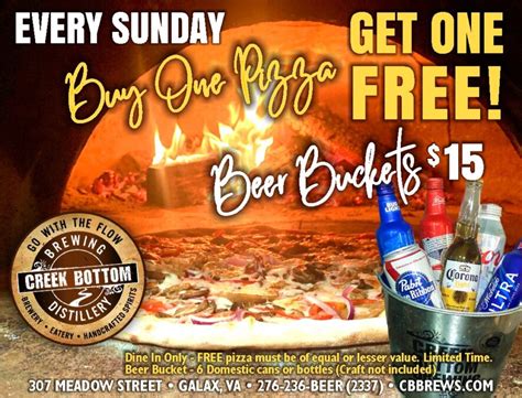 Buy 1 Pizza Get 1 Free And 15 Beer Buckets Every Sunday Creek Bottom Brewing