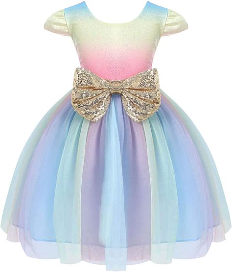 Chictry Kids Girls Puff Sleeve Rainbow Dress Sequined Bowknot Wedding