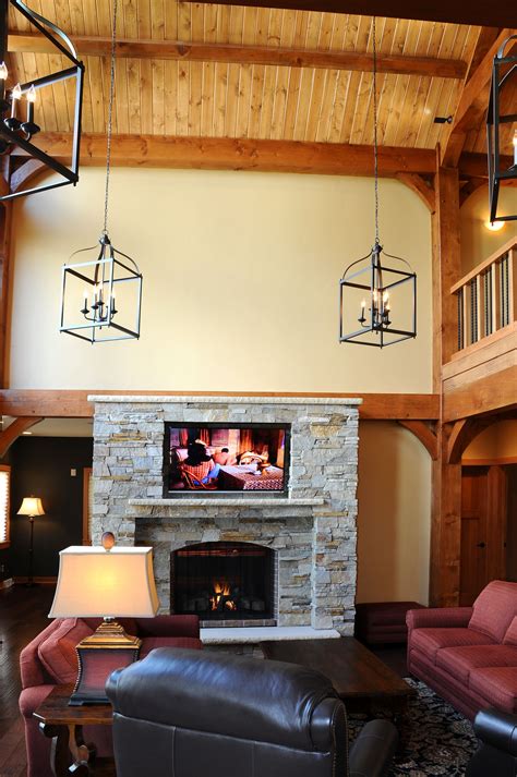 Great Room With Stone Fireplace Great Rooms Fireplace Timber Frame