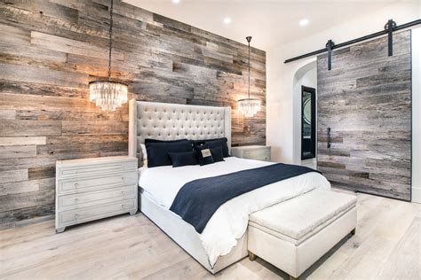 Take tips on how to do a wooden bedroom wall or partition right, with our thirty. PBW: Tobacco Barn Grey Wood Wall - Master Bedroom