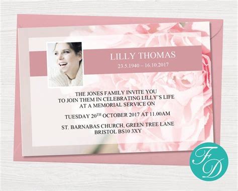 Funeral Invitation Card Pink Carnation Funeral Announcement Pink