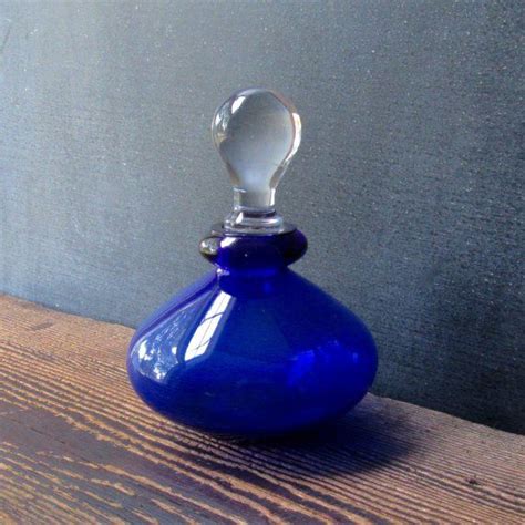Vintage Cobalt Blue Glass Bottle With Clear Glass Stopper Vintage Art Glass Perfume Bottle