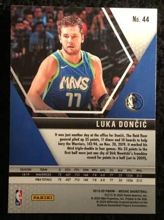 Mar 01, 2021 · luka doncic rookie card sells for record $4.6 million, becomes most expensive nba card in history the card features the nba logoman catch, which is from a mavericks jersey that doncic wore, and a. Luka Doncic 2019-20 Mosaic Base Card #44-2nd Year Card - BASKETBALL CARDS