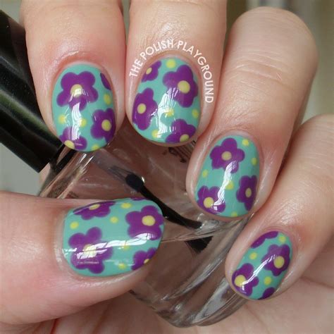 The Polish Playground Purple Flowers With Yellow Dots Floral Nail