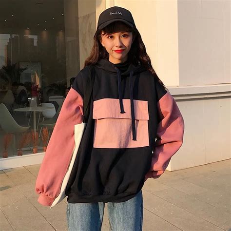 3 Color Mihoshop Ulzzang Korea Korean Women Fashion Clothing Pink Black Hit Color Pocket Loose