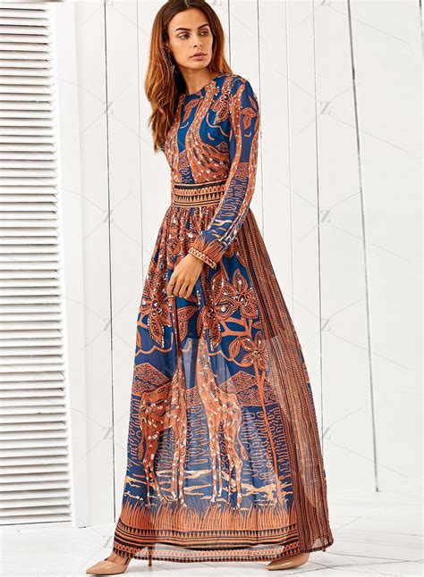 Bohemian Style Long Sleeve Pattern Print Maxi Dress