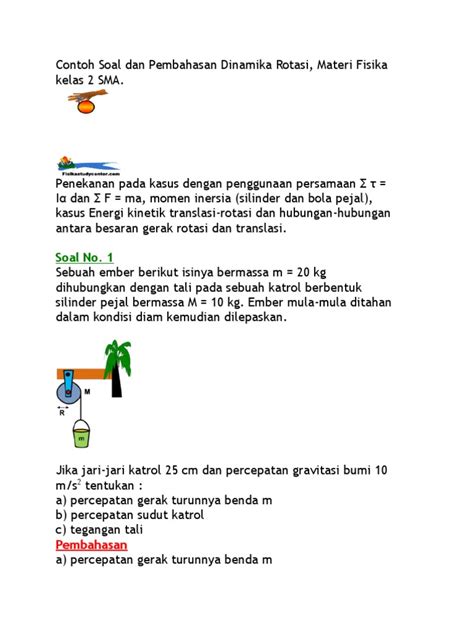 Sebuah benda bermassa 10 kg digantungkan pada seutas tali. Contoh Soal Dan Pembahasan Dinamika Rotasi