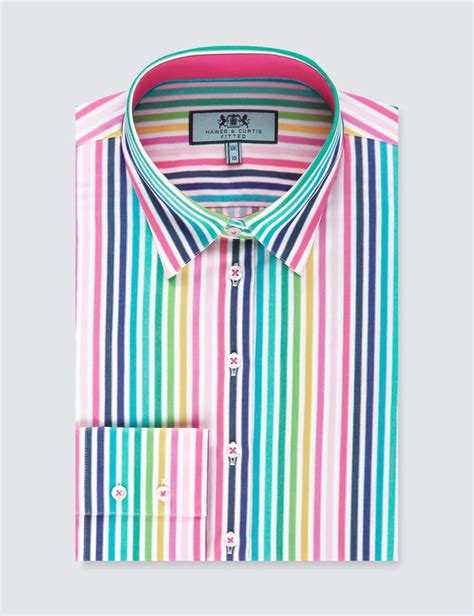 Womens Pink And Blue Multi Stripe Fitted Shirt Single Cuff Hawes