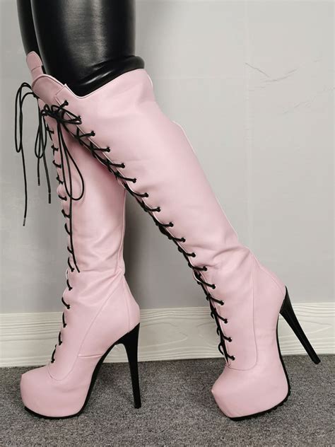 platform knee high boots womens light pink lace up round toe stiletto heel boots